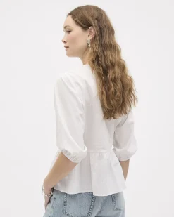 Elbow-Sleeve Crew-Neck Blouse with Self-Ties