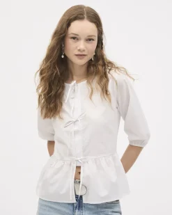 Elbow-Sleeve Crew-Neck Blouse with Self-Ties