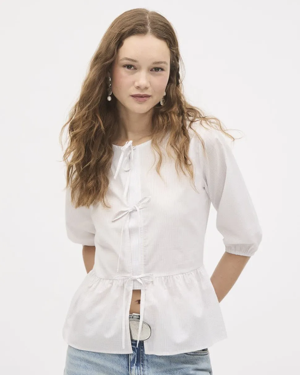 Elbow-Sleeve Crew-Neck Blouse with Self-Ties