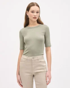 Elbow-Sleeve Crew-Neck Fitted Ribbed Tee