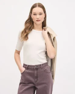 Elbow-Sleeve Crew-Neck Fitted Ribbed Tee