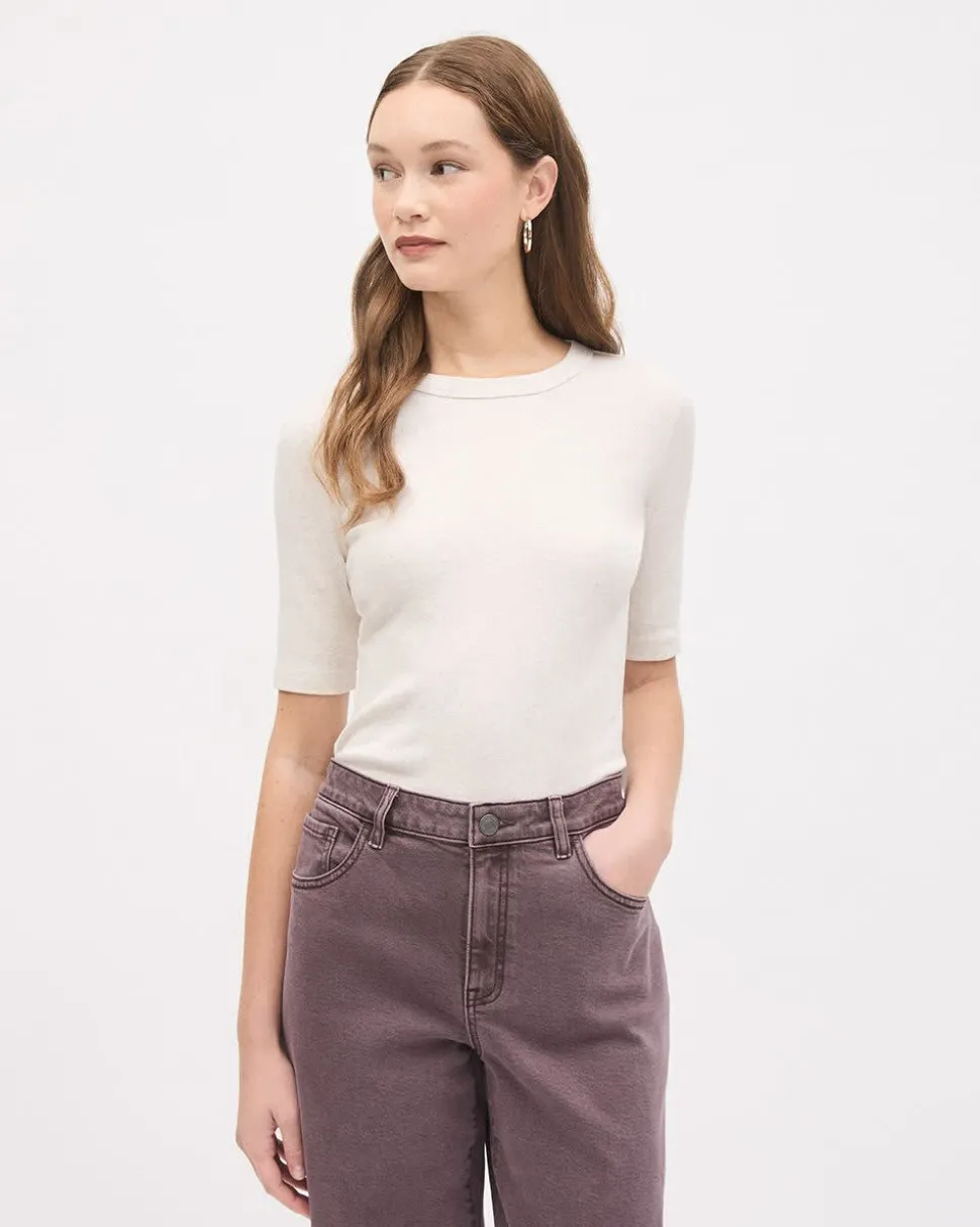 Elbow-Sleeve Crew-Neck Fitted Ribbed Tee
