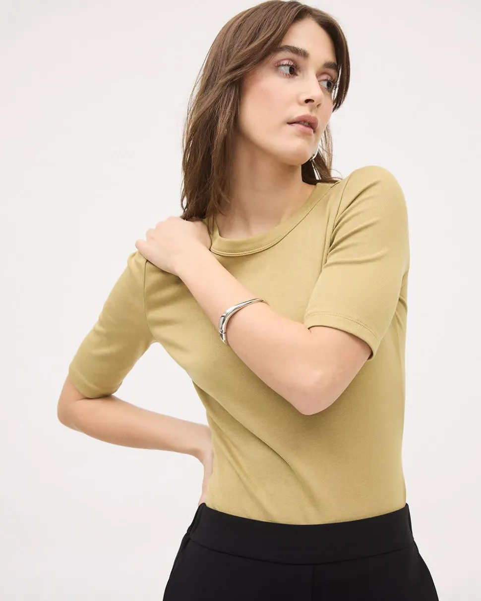 Elbow-Sleeve Crew-Neck Fitted Ribbed Tee