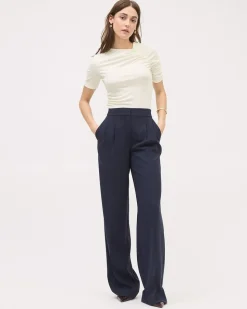 Elbow-Sleeve Crew-Neck Ribbed Top with Shirred Details