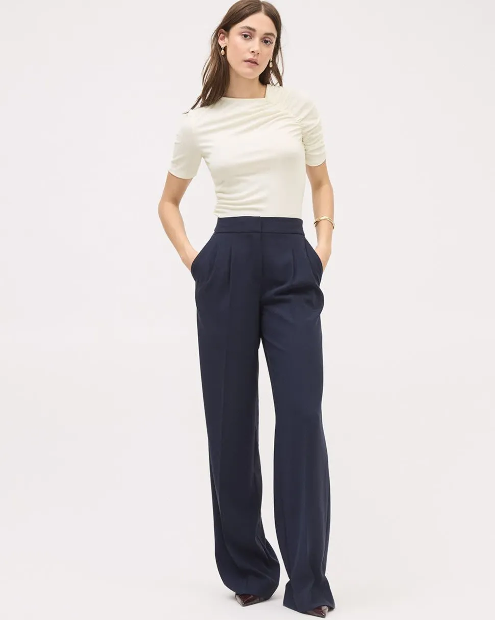 Elbow-Sleeve Crew-Neck Ribbed Top with Shirred Details