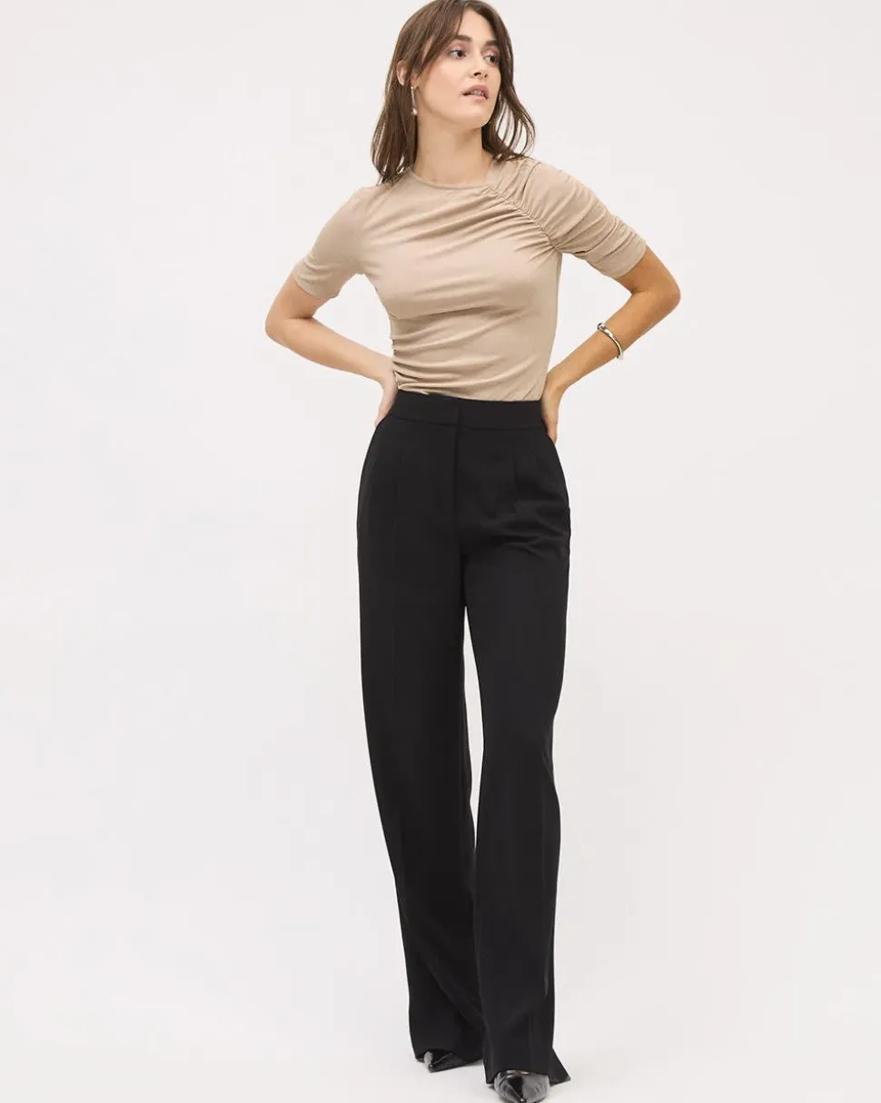 Elbow-Sleeve Crew-Neck Ribbed Top with Shirred Details
