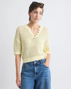 Elbow-Sleeve Crochet Henley Sweater