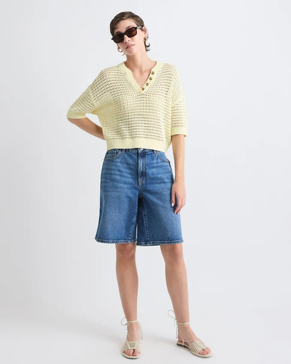 Elbow-Sleeve Crochet Henley Sweater