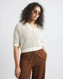 Elbow-Sleeve Crochet Henley Sweater