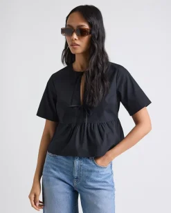 Elbow-Sleeve Peplum Blouse with Self-Ties at Front