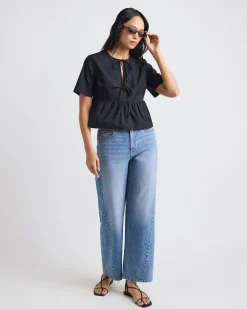 Elbow-Sleeve Peplum Blouse with Self-Ties at Front