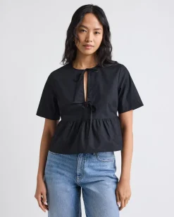 Elbow-Sleeve Peplum Blouse with Self-Ties at Front