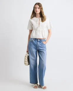 Elbow-Sleeve Peplum Blouse with Self-Ties at Front