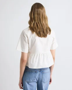 Elbow-Sleeve Peplum Blouse with Self-Ties at Front