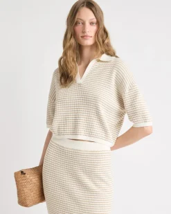 Elbow-Sleeve Polo Sweater in Fancy Stitches