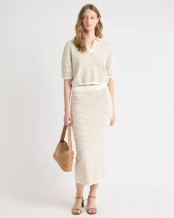 Elbow-Sleeve Polo Sweater in Fancy Stitches
