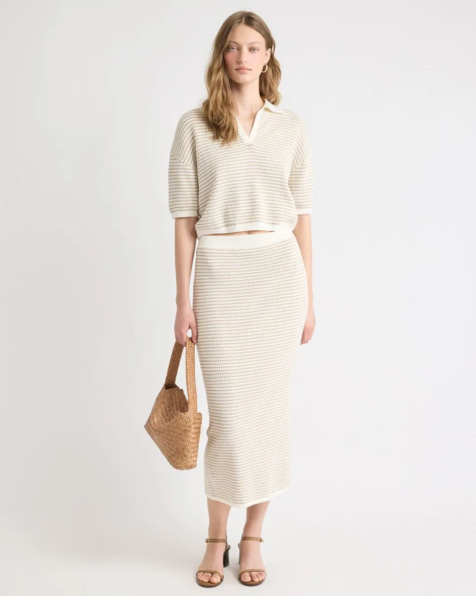 Elbow-Sleeve Polo Sweater in Fancy Stitches
