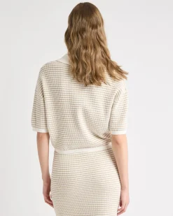 Elbow-Sleeve Polo Sweater in Fancy Stitches