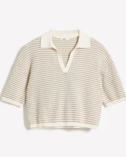 Elbow-Sleeve Polo Sweater in Fancy Stitches