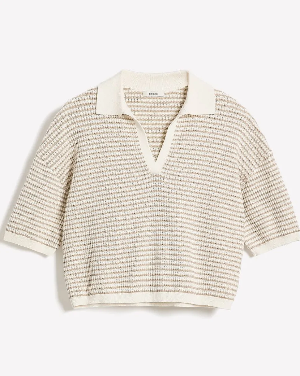 Elbow-Sleeve Polo Sweater in Fancy Stitches