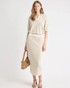 Elbow-Sleeve Polo Sweater in Fancy Stitches
