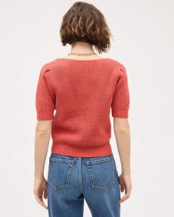 Elbow-Sleeve Square-Neck Cropped Textured Top