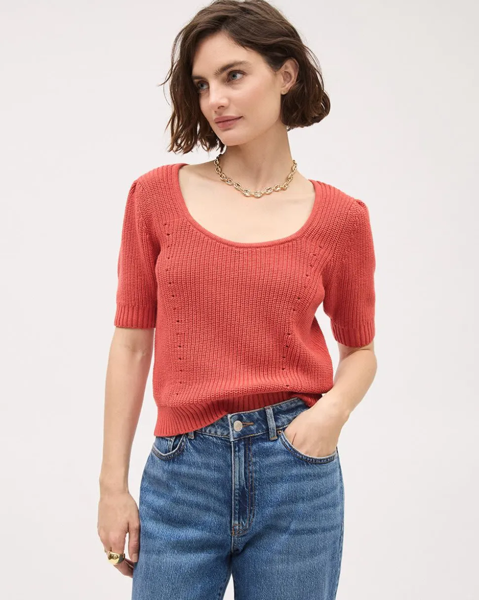 Elbow-Sleeve Square-Neck Cropped Textured Top