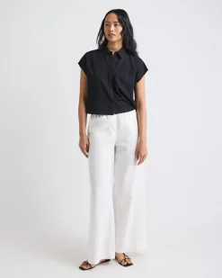 Extended-Sleeve Buttoned-Down Twill Blouse