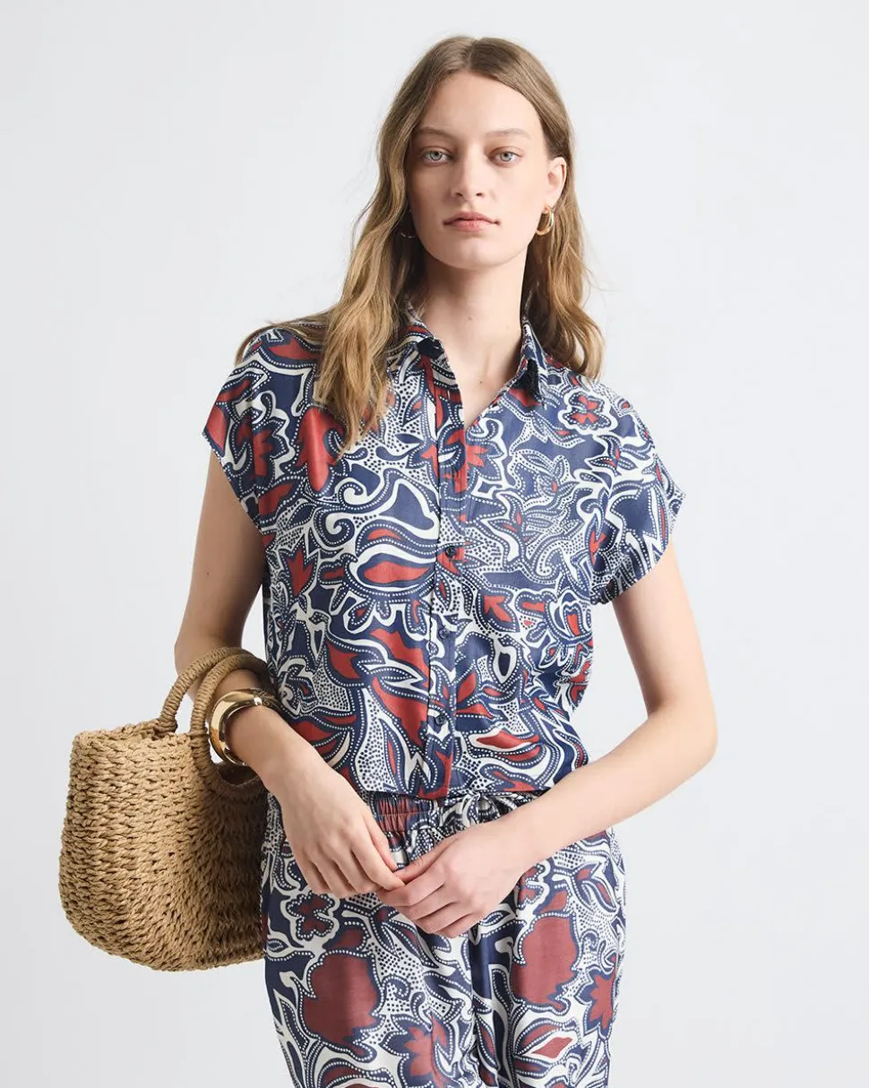Extended-Sleeve Buttoned-Down Twill Blouse
