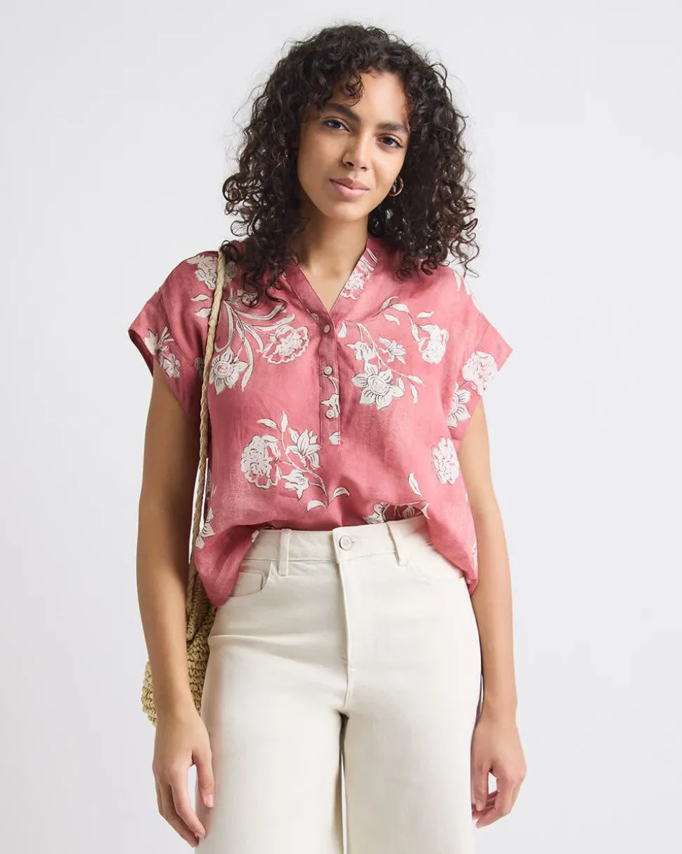 Extended-Sleeve Crew-Neck Floral Blouse