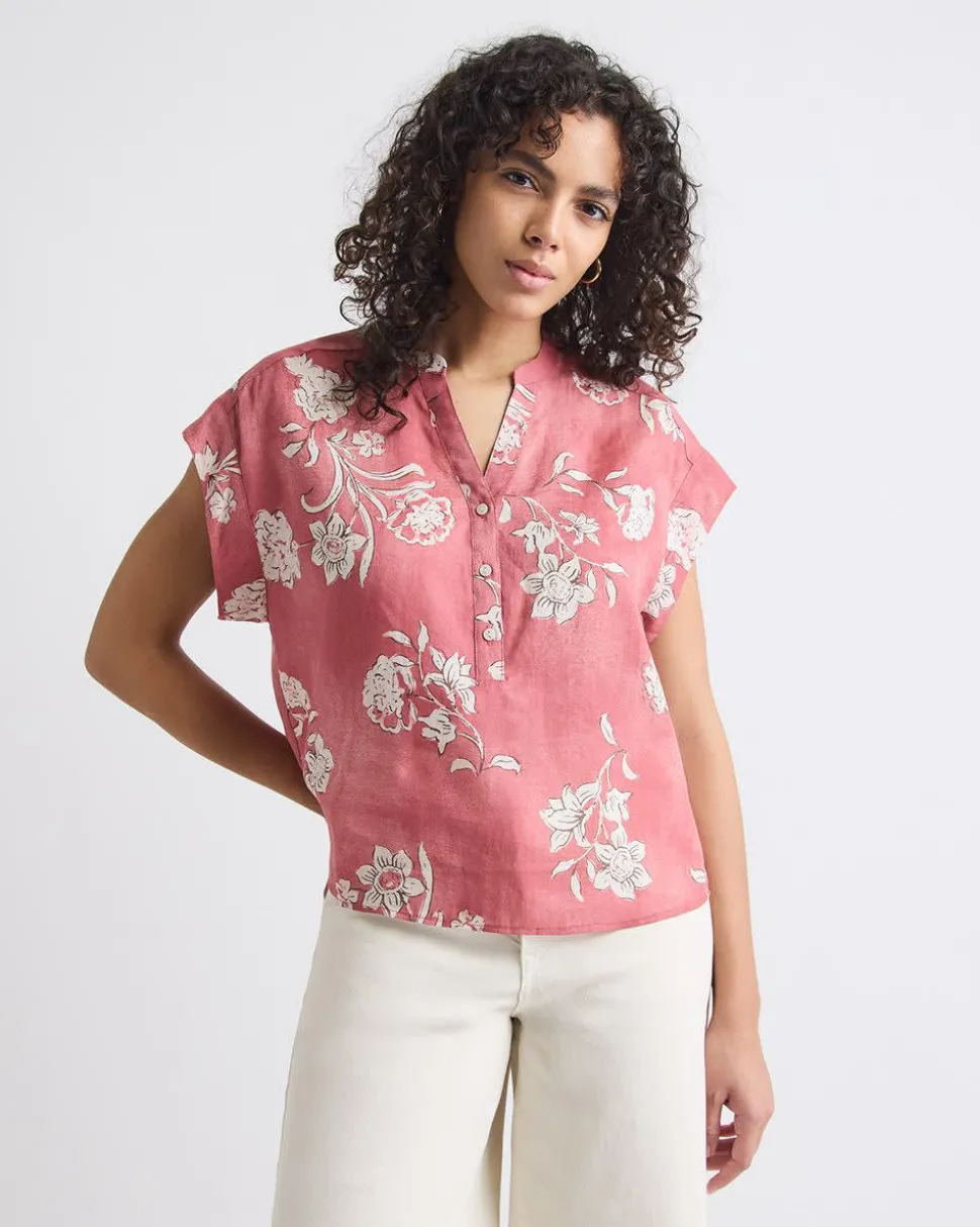 Extended-Sleeve Crew-Neck Floral Blouse