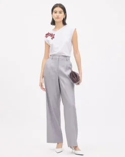 Extended-Sleeve Crew-Neck Top with Flower Embroidery