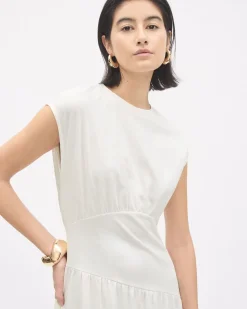 Extended-Sleeve Jersey Midi Dress with Crew Neckline