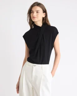 Extended-Sleeve Top with Crossover Draped Mock Neckline