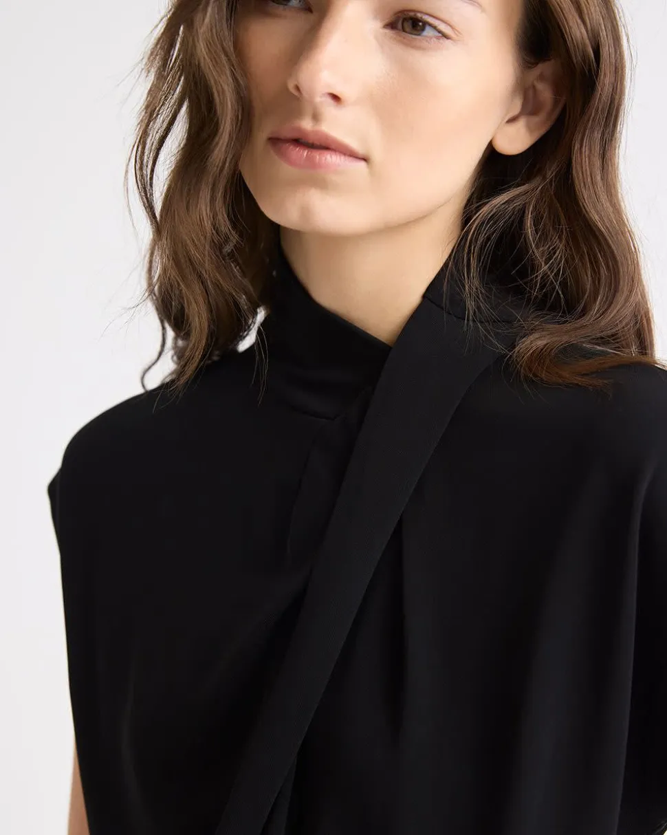 Extended-Sleeve Top with Crossover Draped Mock Neckline