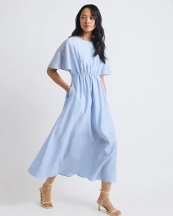 Fit-and-Flare Midi Dress with Short Flutter Sleeves