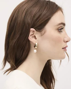Golden Earrings with Pearl Pendant