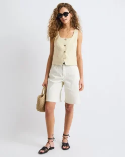 High-Rise Cream Denim Bermuda