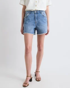 High-Rise Denim Shorts with Raw Hem