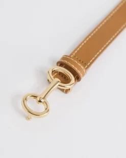 Leather Belt with Golden Buckle and Contrast Stitches