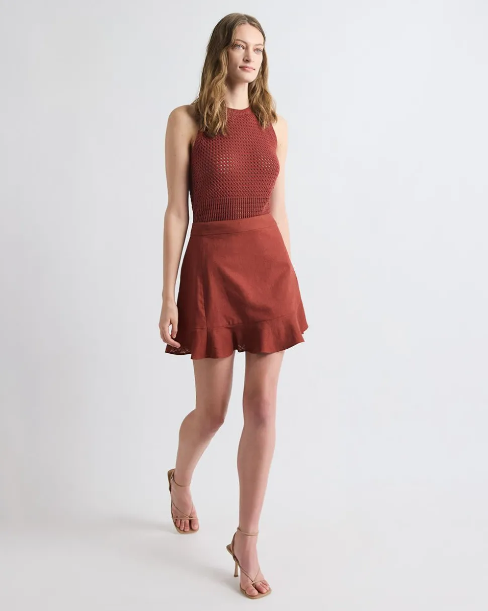 Linen-Blend Faux-Wrap Mini Skirt
