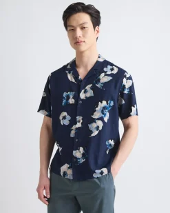 Linen-Blend Short-Sleeve Floral Shirt with Camp Collar