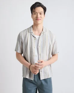 Linen-Blend Short-Sleeve Striped Shirt with Camp Collar