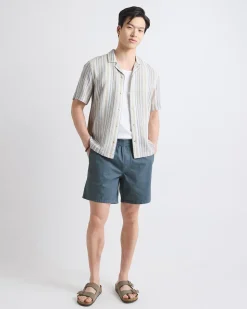 Linen-Blend Short-Sleeve Striped Shirt with Camp Collar