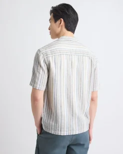 Linen-Blend Short-Sleeve Striped Shirt with Camp Collar