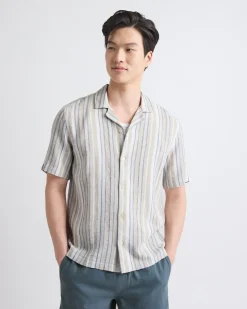 Linen-Blend Short-Sleeve Striped Shirt with Camp Collar