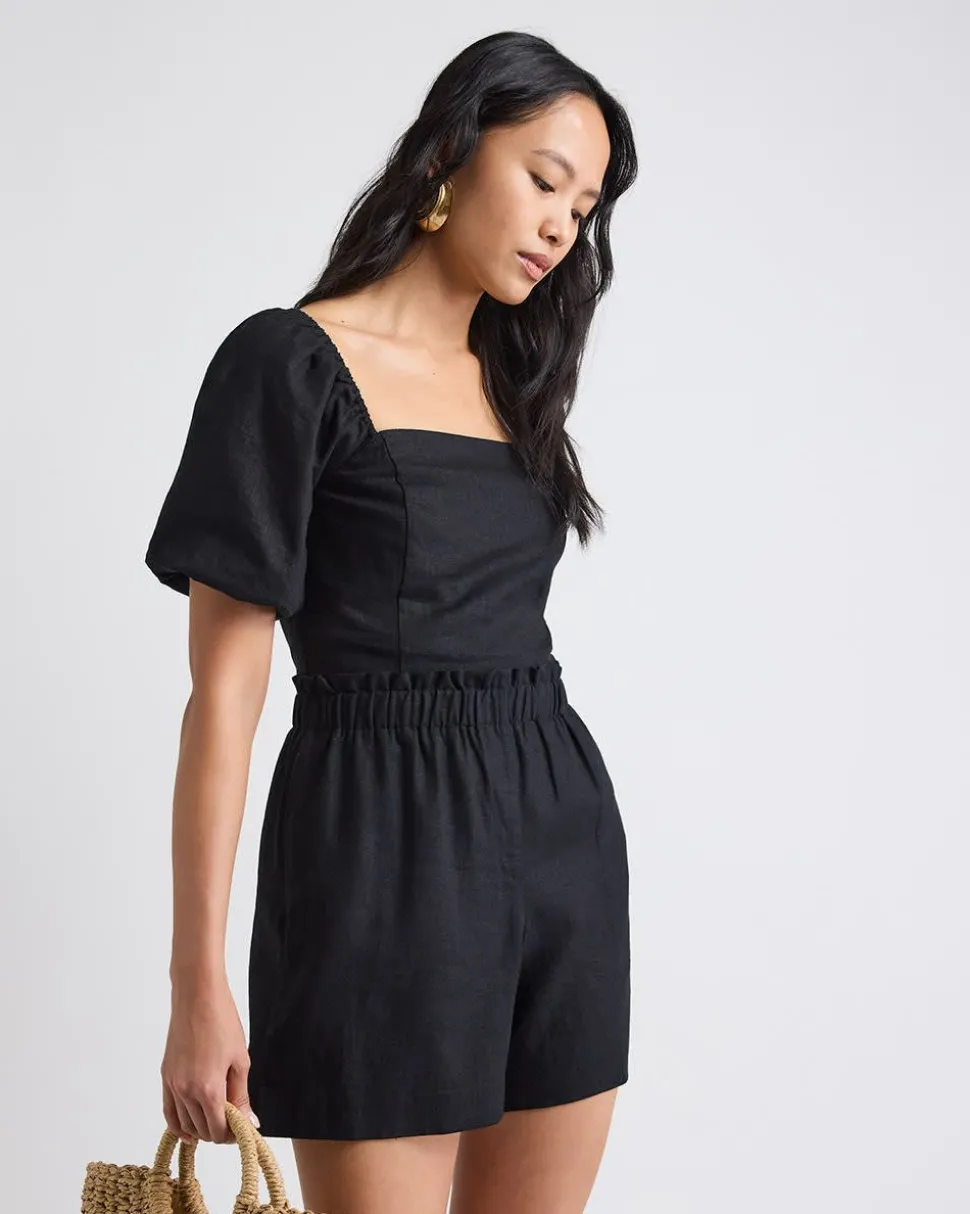 Linen-Blend Square-Neck Tube Top with Puffy Sleeves