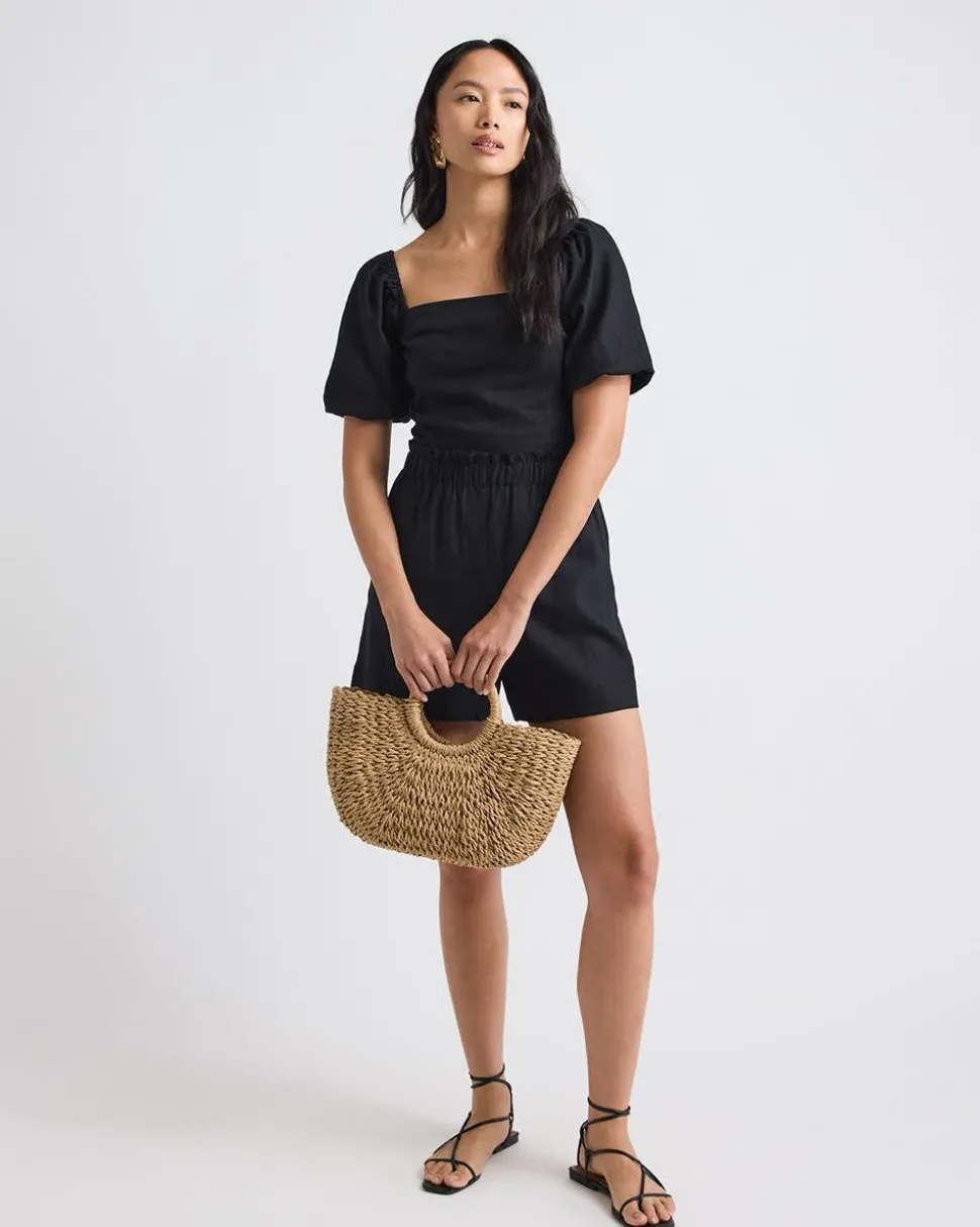 Linen-Blend Square-Neck Tube Top with Puffy Sleeves