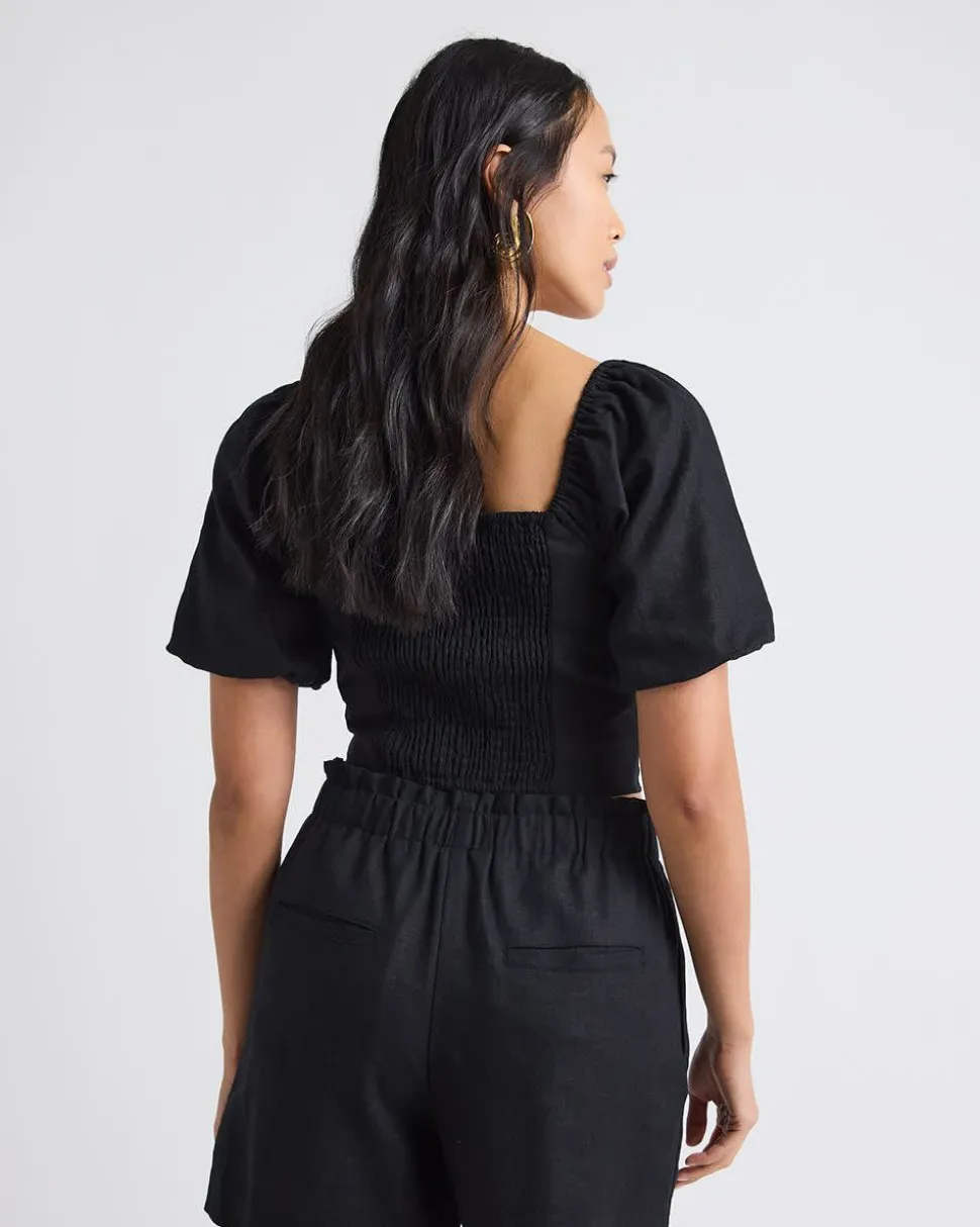 Linen-Blend Square-Neck Tube Top with Puffy Sleeves