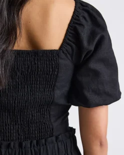 Linen-Blend Square-Neck Tube Top with Puffy Sleeves